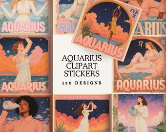 Aquarius Tarot Sticker Collection | Vintage Celestial Zodiac Art PNGs | Air Sign Water Bearer Illustrations for Boho Designs
