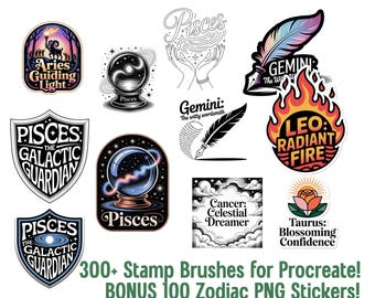 Ultimate Zodiac Procreate Brushset | 300+ Stamp Brushes + 100 Bonus PNG Stickers | All 12 Star Signs Astrology Icons for Digital Art