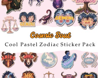 Cosmic Soul Zodiac Stickers | Retro Astrology PNG Set of 12 | Celestial Symbol Art for Digital & Printable Designs