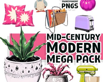 Ultimate Retro Clipart Bundle | Mid-Century Modern PNGs | Vintage Kitchen & Home Decor Graphics | 50s 60s 70s Aesthetic