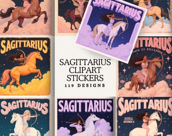 Sagittarius Tarot Sticker Collection | Vintage Celestial Zodiac Art PNGs | Fire Sign Archer Illustrations for Boho Designs