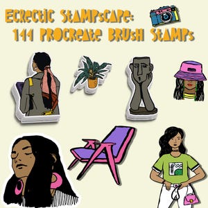 Puede incluir: Pegatinas de arte digital con una variedad de ilustraciones, que incluyen una cámara, una persona, una planta, una estatua, una silla y una mujer. El texto en la parte superior dice "Eclectic Stampscape: 144 Procreate Brush Stamps."