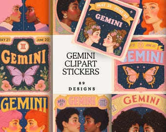Gemini Tarot Sticker Collection | Celestial Vintage Zodiac PNG Set | Twin Air Sign Art for Boho Planners & Designs
