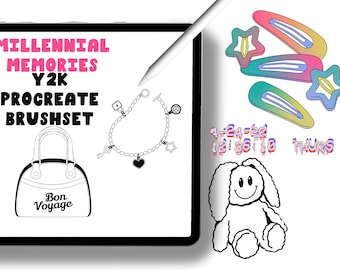 May include: A digital illustration of a Procreate brush set with a Y2K theme. The set includes a black and white handbag with the text "Bon Voyage", a charm bracelet with a lock, key, peace sign, and heart charm, a rainbow-colored hair clip, a star-shaped hair clip, a white bunny with a smiley face, and the text "1-24-22 12! 36! 18 THURS 4".