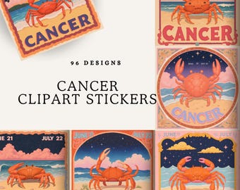 Cancer Tarot Sticker Collection | Vintage Celestial Zodiac Art PNGs | Water Sign Crab Illustrations for Boho Designs