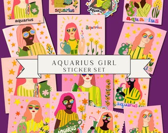 Aquarius Collage Girls Sticker Set | Retro 70s Zodiac PNG Bundle | Bold Cutout Astrology Art for Planners & Designers