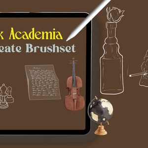 May include: A digital illustration of a Procreate brush set with a dark academia theme. The illustration includes a violin, a skull, a bottle, a chess set, a globe, a letter, and a glass dome with flowers.