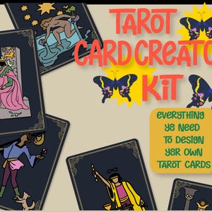 Puede incluir: Una ilustración colorida de un kit de creación de cartas de tarot con el texto "Tarot Card Creator Kit" y "Everything ye need to design yr own tarot cards". La imagen presenta varias cartas de tarot con ilustraciones de personas y símbolos. El fondo es de color amarillo claro con mariposas.