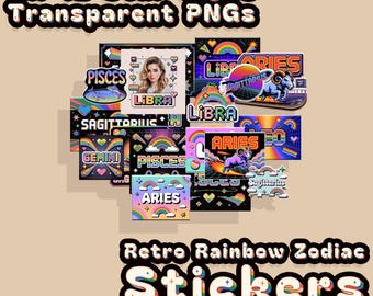 Retro Rainbow Zodiac Digital Sticker Bundle | 12 Star Sign PNGs for Planners & Journals | Cosmic Astrology Stickers for Goodnotes Notability