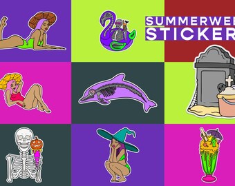 Summerween Hot Ghoul Vector Stickers Set - 40 High-Quality PNG Files & Illustrator File