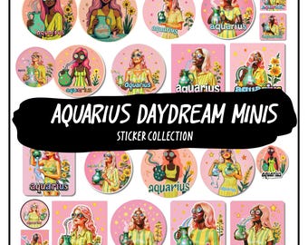 Aquarius Daydream Minis | Retro Zodiac PNG Badge Pack | Playful Pastel Astrology Stickers for Planners & Scrapbooks