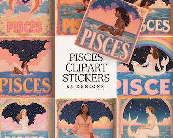Pisces Tarot Sticker Collection | Vintage Celestial Zodiac Art PNGs | Water Sign Fish Illustrations for Boho Designs