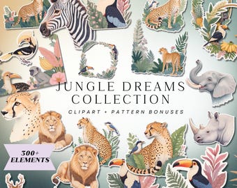 Jungle Dreams Tropical Clipart Set | Boho Border Stickers & Seamless Pattern Bundle PNG 
