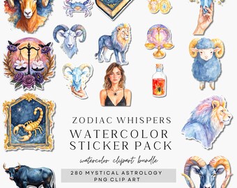 Zodiac Whispers Watercolor Sticker Pack · 280 Mystical Astrology PNG Clip Art