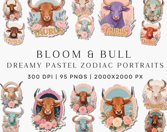 Bloom & Bull — 65+ Ethereal Taurus Zodiac Floral Clipart PNGs, Pastel Botanical, Botanical Taurus Clipart Set