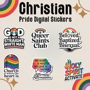 Puede incluir: Una colección de pegatinas digitales con temas de Orgullo Cristiano. Las pegatinas presentan frases como "Dios no es un hombre blanco heterosexual", "Queer Saints Club" y "Holy Spirit Activate", junto con diseños de arcoíris y cruces.