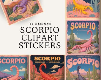 Scorpio Tarot Sticker Collection | Vintage Celestial Zodiac PNGs | Water Sign Mystic Illustrations for Boho Designs