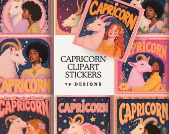 Capricorn Tarot Sticker Collection | Vintage Celestial Zodiac PNGs | Earth Sign Goat Illustrations for Boho Designs
