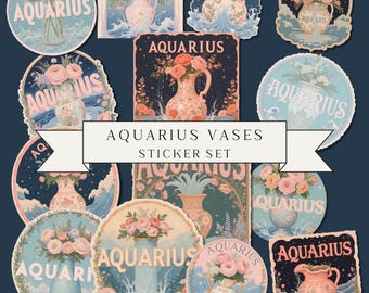 Aquarius Bloomlight Sticker Collection | Vintage Floral Zodiac PNG Bundle | Soft Celestial Aquarius Art for Digital Planners & Prints