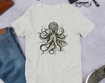 Japanische Krake Kalligraphie T-Shirt, Gyotaku Traditionelle Kunst, Anime Manga, Yoga Kampfkünste Samurai, Männer Frauen T-Shirt