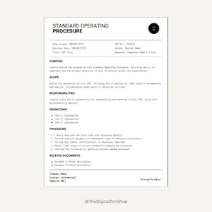 May include: A black and white printable template for a standard operating procedure (SOP). The template includes sections for purpose, scope, responsibilities, definitions, procedure, and related documents. The text "SOP No. [xxxxx]" is at the top right corner of the page.