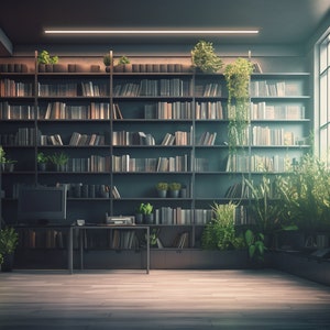 May include: A dark room with a large bookshelf filled with books and plants. A desk with a computer monitor sits in the middle of the room. The room has a large window with natural light coming in.