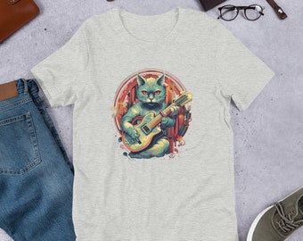 Koszulka z kotem grającym na gitarze, zabawna koszulka ze zwierzęciem, koszulki z gitarzystą Meow, krótki rękaw retro, pomysł na prezent dla miłośnika gitary, miłośnicy kotów