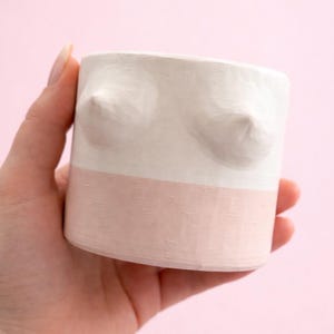 Könnte beinhalten: Zylindrischer Keramik-Pflanztopf, bemalt in Weiß und Hellrosa, mit zwei erhabenen brustförmigen Details auf der oberen Hälfte. Die untere Hälfte ist hellrosa bemalt. Der Topf wird in einer Hand vor einem rosa Hintergrund gehalten.