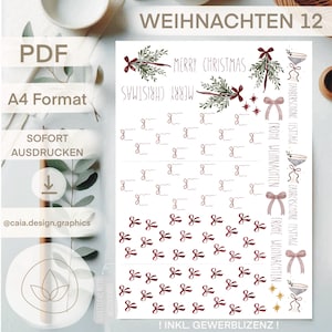 May include: A white A4 PDF sheet with Christmas designs. The sheet features the text "MERRY CHRISTMAS" and "WEIHNACHTEN 12". It includes illustrations of bows, sprigs, and stars in burgundy and green. The sheet is ready to print.