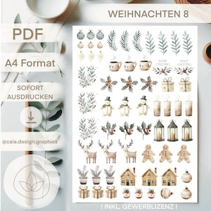 Può includere: Un foglio PDF con illustrazioni natalizie ad acquerello. Include ornamenti, vegetazione, tazze, pupazzi di neve, candele, lanterne, renne, omini di pan di zenzero, case e scatole regalo. Il testo include "WEIHNACHTEN 8".