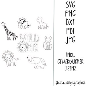 SVG png pdf dxf jpg Wildone Safari animals incl. commercial license laser file lion giraffe cake topper children's motifs