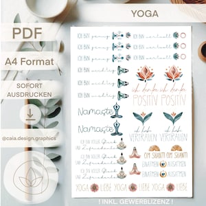 Puede incluir: Una hoja de pegatinas con temática de yoga imprimible en un esquema de colores azul claro, rosa y verde. Las pegatinas presentan posturas de yoga, frases motivacionales y afirmaciones. El texto en las pegatinas incluye "Namaste", "Ich bin voller Glück", "Ich denke positiv", "Ich habe Vertrauen" y "Om Shanti".