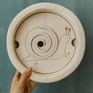 Può includere: Un puzzle di legno a forma di lumaca con un bordo color crema. Il puzzle presenta un design a spirale per il guscio della lumaca e un'illustrazione di una lumaca sorridente. Il bordo ha una superficie strutturata e due sezioni ritagliate.