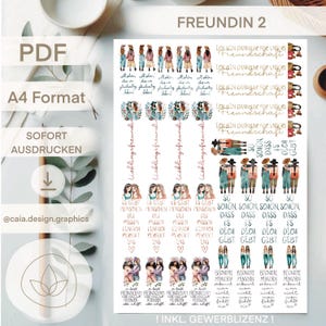 Op de afbeelding: Een set printbare digitale stickers met illustraties van vriendinnen. De stickers bevatten zinnen als "So schön, dass es dich gibt" en "Lieblingsfreundin".
