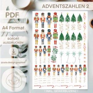 Può includere: Un foglio PDF A4 stampabile con illustrazioni di soldati schiaccianoci colorati, alberi di Natale e i numeri 1-4. Il foglio include testo in tedesco, come "ADVENTSZAHLEN 2" e "SOFORT AUSDRUCKEN".
