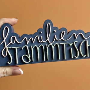 Puede incluir: Un letrero azul marino con las palabras "familien STAMMTISCH" en escritura blanca y letras de bloque. El letrero tiene forma de nube a lo largo del borde superior. El letrero se sostiene contra un fondo naranja.