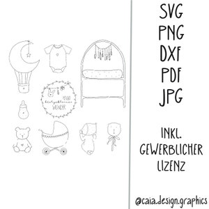 May include: A set of black and white line drawings of baby-related items, including a hot air balloon, a baby onesie, a crib, a baby bottle, a teddy bear, a baby carriage, a bunny rabbit, a cat, and a wreath with the text "Hallo kleines Wunder".