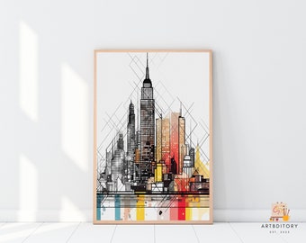 NYC Skyline Art Print, Modern Cubism Cityscape (Digital Download)