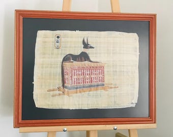 Anubis on Sarcophagus Frame, Hand-painted on Egyptian Papyrus, Gold Gilt Burnt Orange Wood Frame, Egyptian Wall Art, Home Decor, 23''