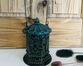 Rare Japanese Vintage Beautiful Blue Flower Garden Lantern, 13″h, Antique Japanese Garden Lantern, Pogoda Cast Iron Lantern, Garden Decor