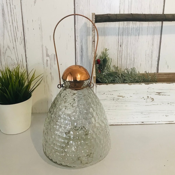Midcentury Glass Lantern, Storm Lantern, Clear Glass Lampe, Vintage Candle Lamp, Embossed Glass Lantern, Copper Tone Light, Mariners Lamp