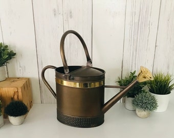 Vintage Watering Can, Tin, Metal Gold Brass Trim , Copper Tone Water Can, Farmhouse, Rustic Garden, Cottage Decor, Yard Art, Garden Decor