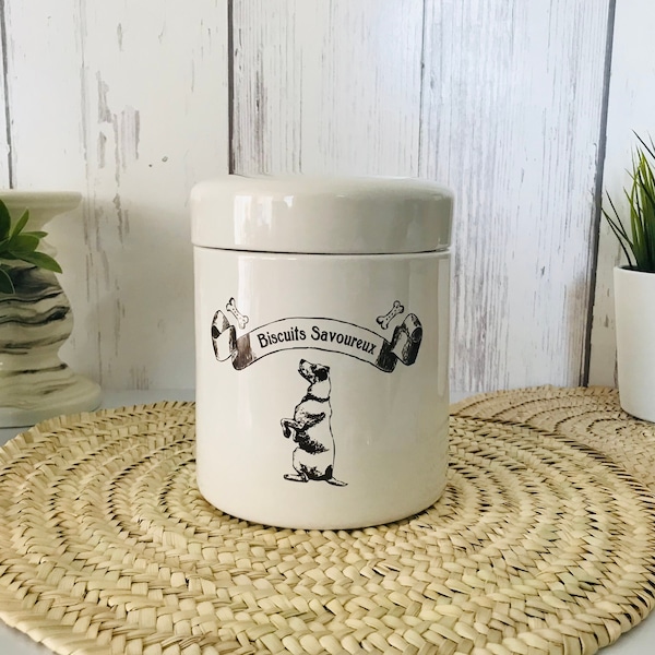 Vintage Ceramic Dog Treat Jar, Pet Treats Cookie Jar,Vintage Parisian Signed, Old Fashioned Jar, Black and White Jack Russel Terrier, French