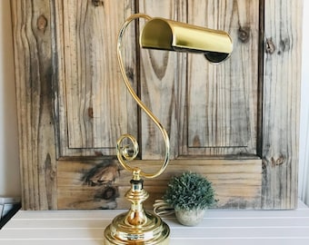 Vintage Brass Piano Lamp, Adjustable Antique Banker’s Desk Light, Mid Century Brass Table Lamp