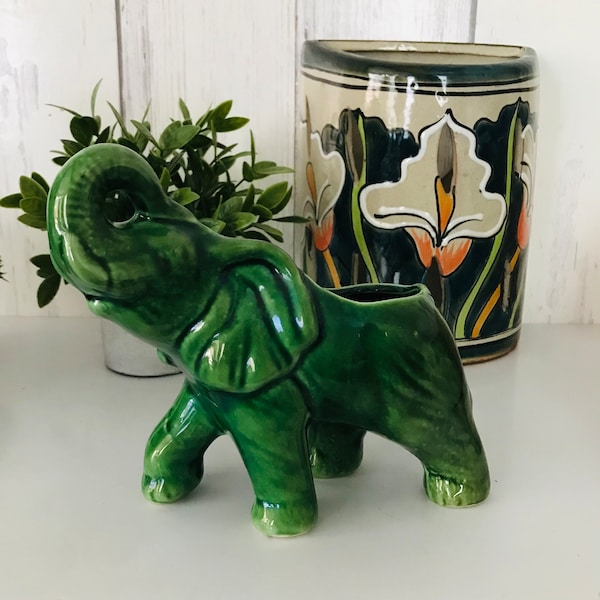 Vintage Ceramic Planter, Vintage Mid Century Green Elephant Trunk Up Glaze Planter Flower Pot, Figural Elephant Planter, Boho Decor, Garden