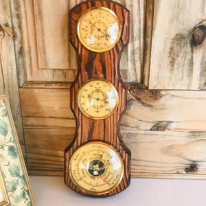 Vintage Fisher Barometer, Wooden Thermometer 3 Dials Made in France
