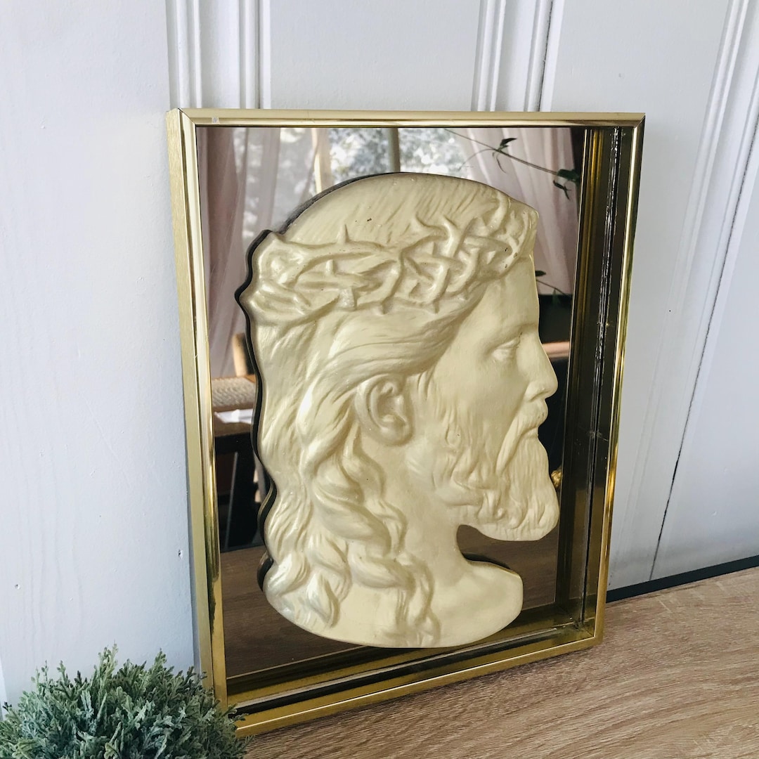 Vintage Jesus Gold Mirror, Religious Ceramic Bust, Portrait Art Mural ...