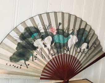 Vintage Large Folding Fan, Giant Hand Painted Cranes Fan, Asian Floral Grey Bird Scene