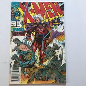 May include: A comic book cover featuring Magneto, a superhero with white hair and a red and purple costume, holding a metal object. The cover is titled "X-Men" and "Magneto Triumphant".
