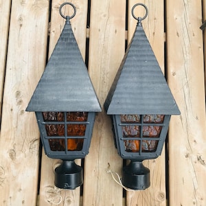 Rare Set Outdoor Post Lanterns, Exterior Wall Lights Vintage, Cast Iron Porch Lanterns, 60&#39; Torch Sconce, Gothic Lamp, 1 Panel Missing, 22&#39;&#39;
